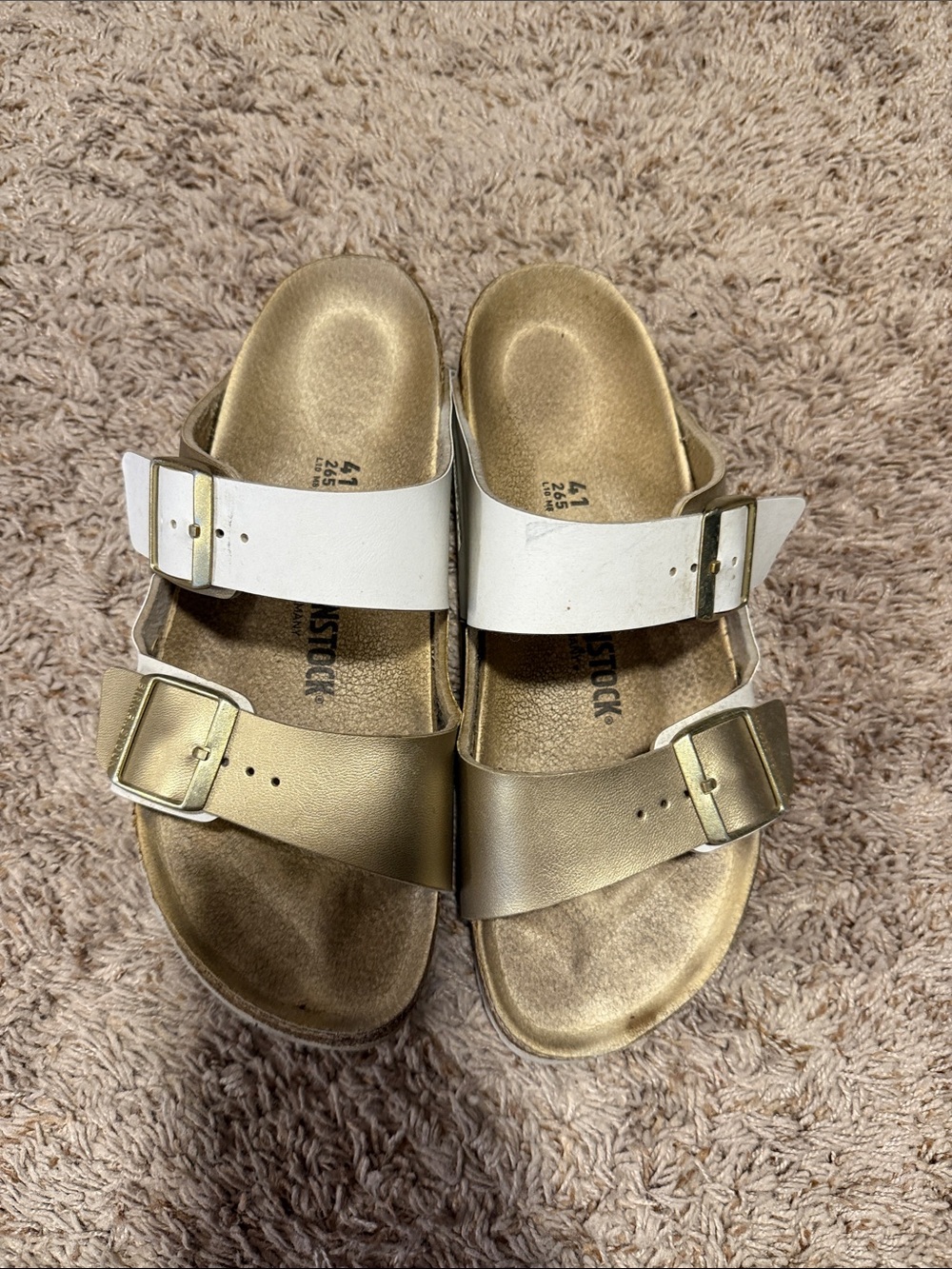 Birkenstock Two-Buckle Sandals in Gold and White